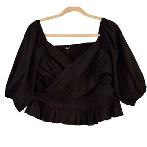 Express Wrap Smocked Crop Top Blouse‎ XL Black Cotton Blend Witchy Gothcore New